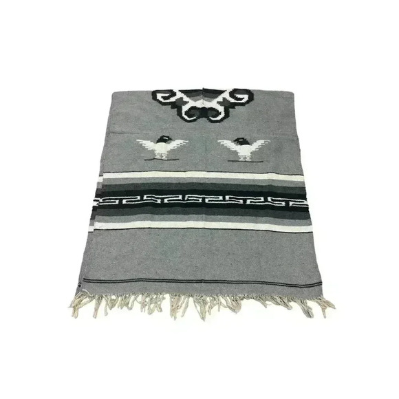 Vintage HandwovenSerape Poncho With Bird Motif & Geometric Patterns Black Grey - Picture 6 of 7